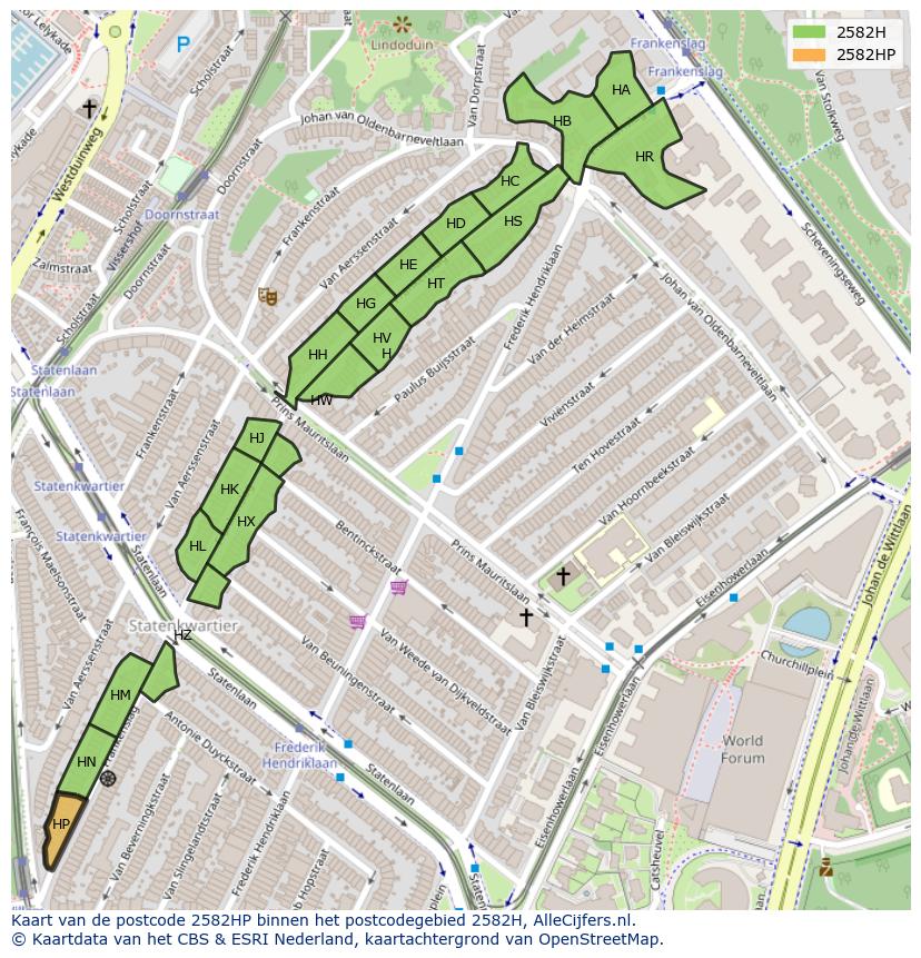 Afbeelding van het postcodegebied 2582 HP op de kaart.