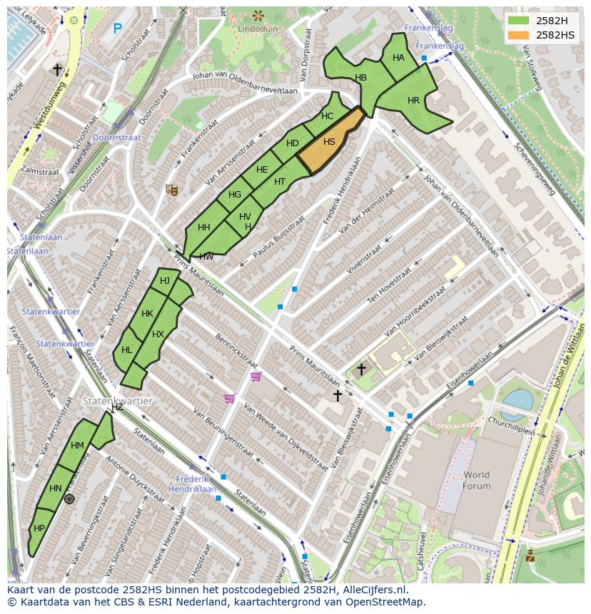 Afbeelding van het postcodegebied 2582 HS op de kaart.