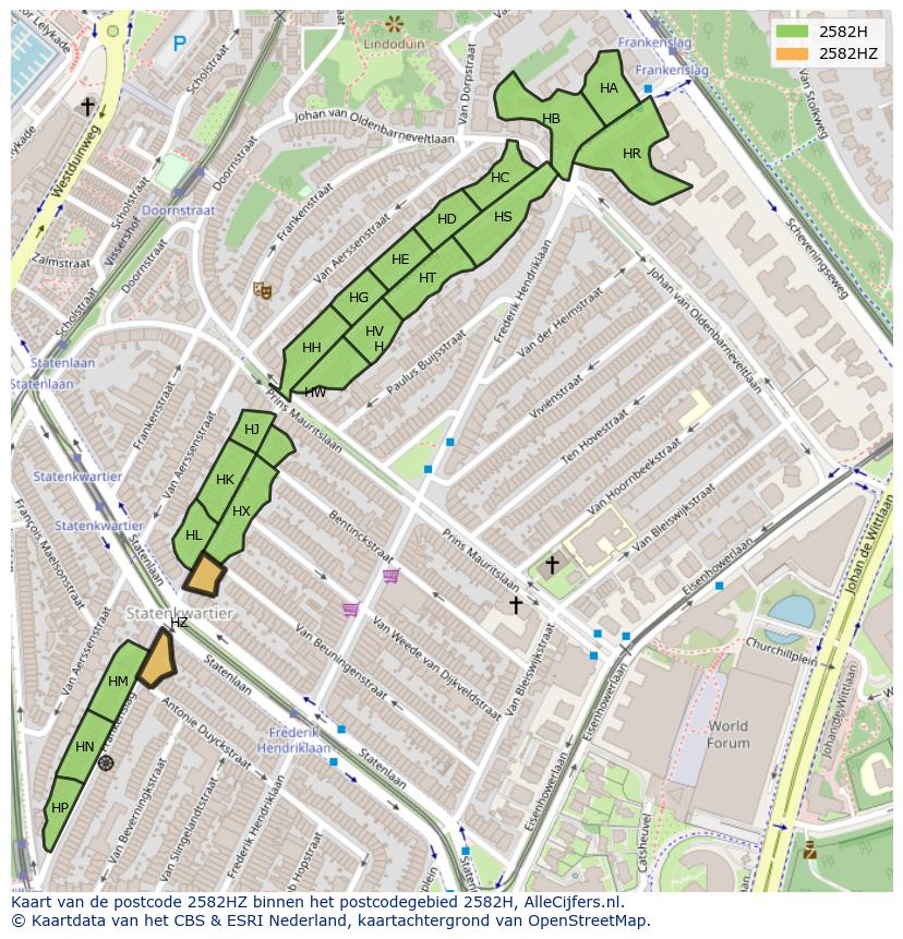 Afbeelding van het postcodegebied 2582 HZ op de kaart.