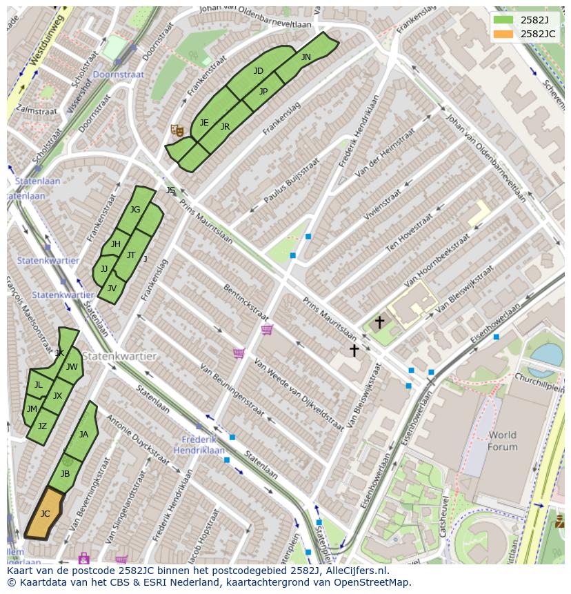 Afbeelding van het postcodegebied 2582 JC op de kaart.