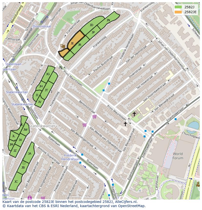 Afbeelding van het postcodegebied 2582 JE op de kaart.