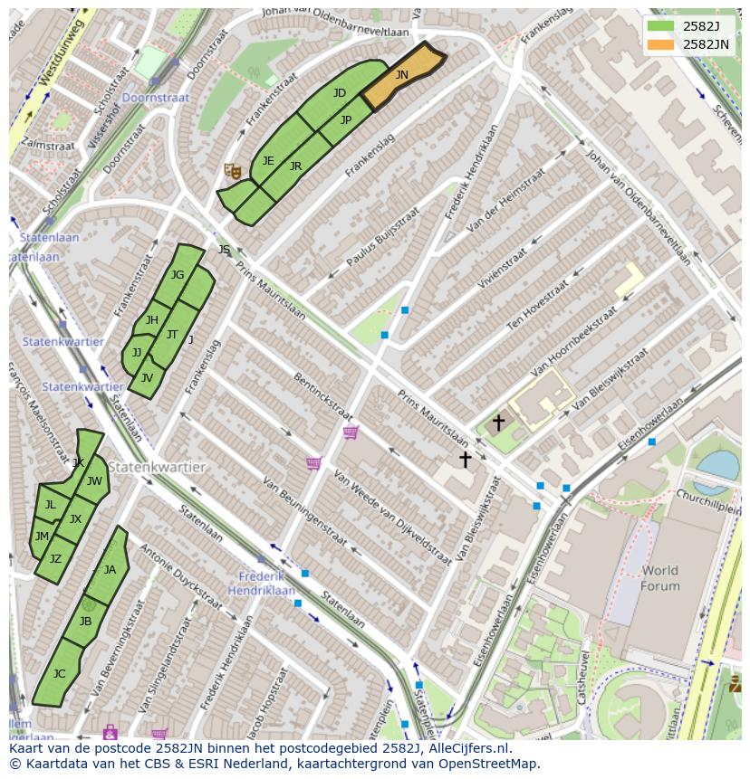 Afbeelding van het postcodegebied 2582 JN op de kaart.
