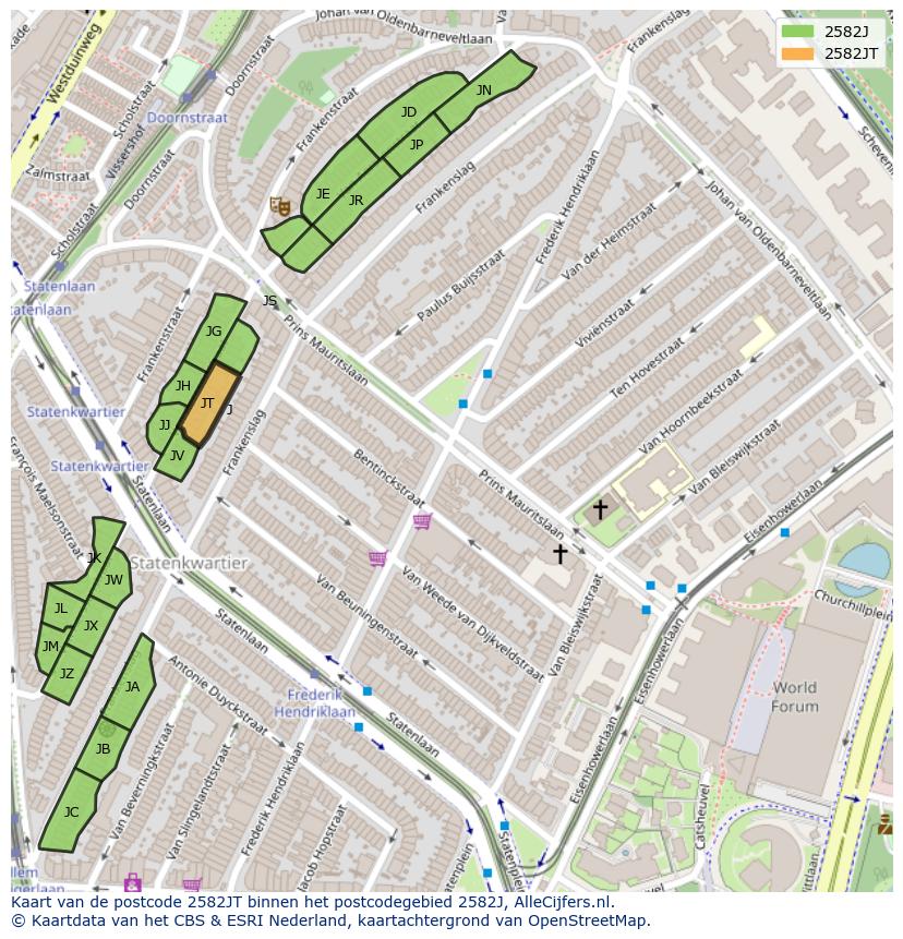 Afbeelding van het postcodegebied 2582 JT op de kaart.