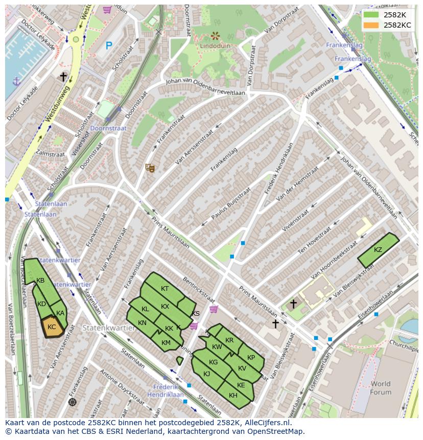 Afbeelding van het postcodegebied 2582 KC op de kaart.