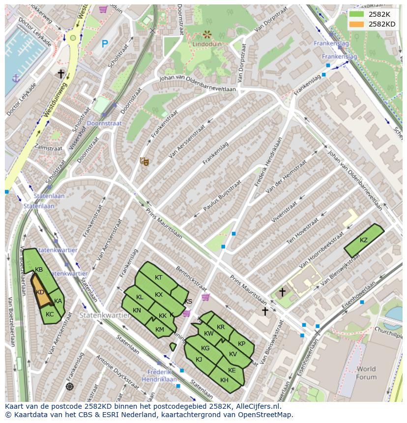 Afbeelding van het postcodegebied 2582 KD op de kaart.