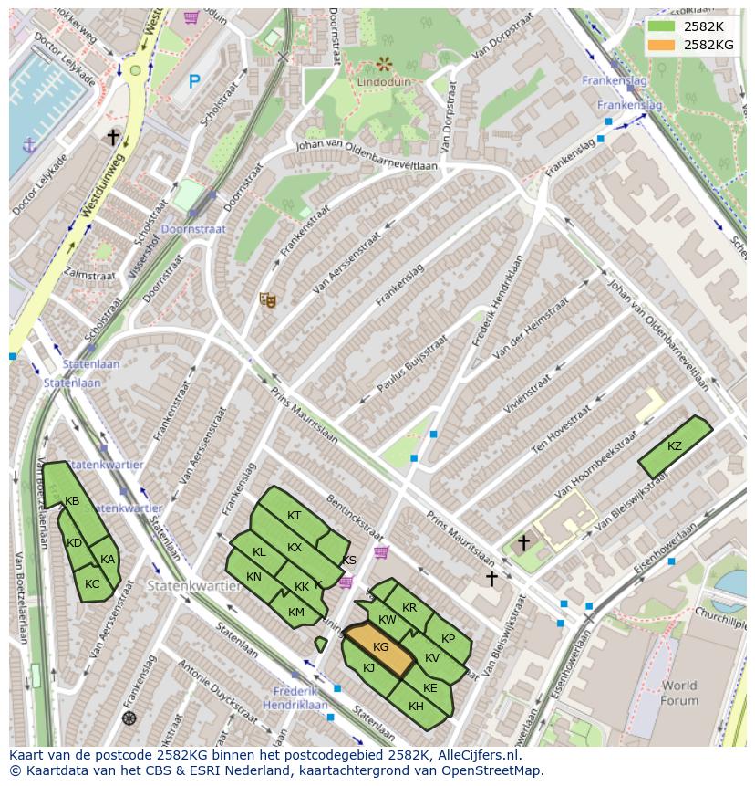 Afbeelding van het postcodegebied 2582 KG op de kaart.