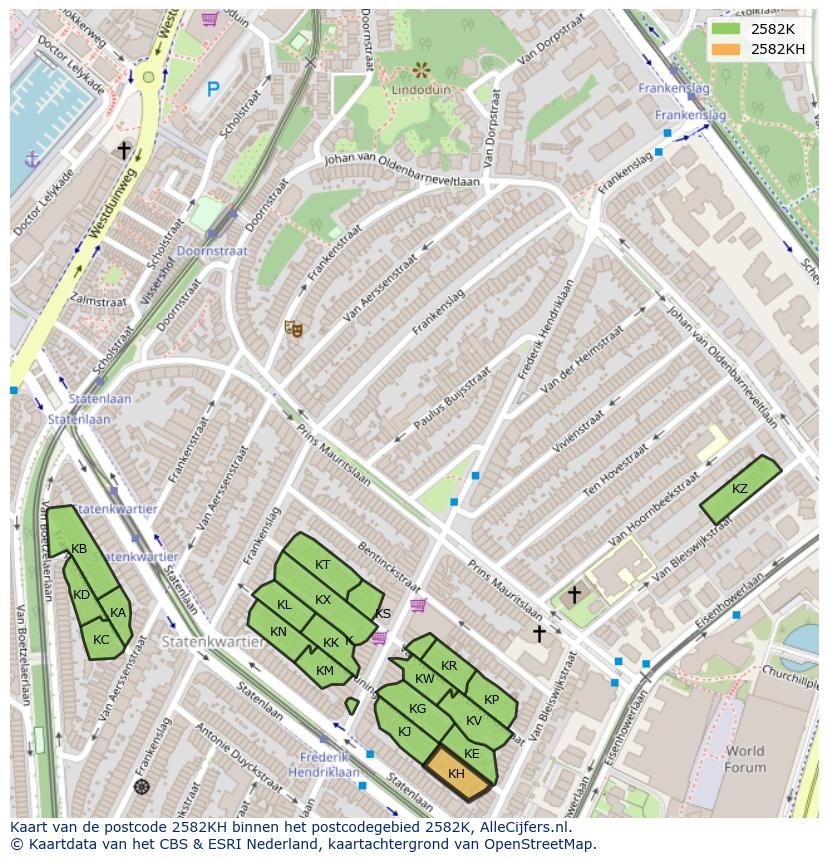 Afbeelding van het postcodegebied 2582 KH op de kaart.