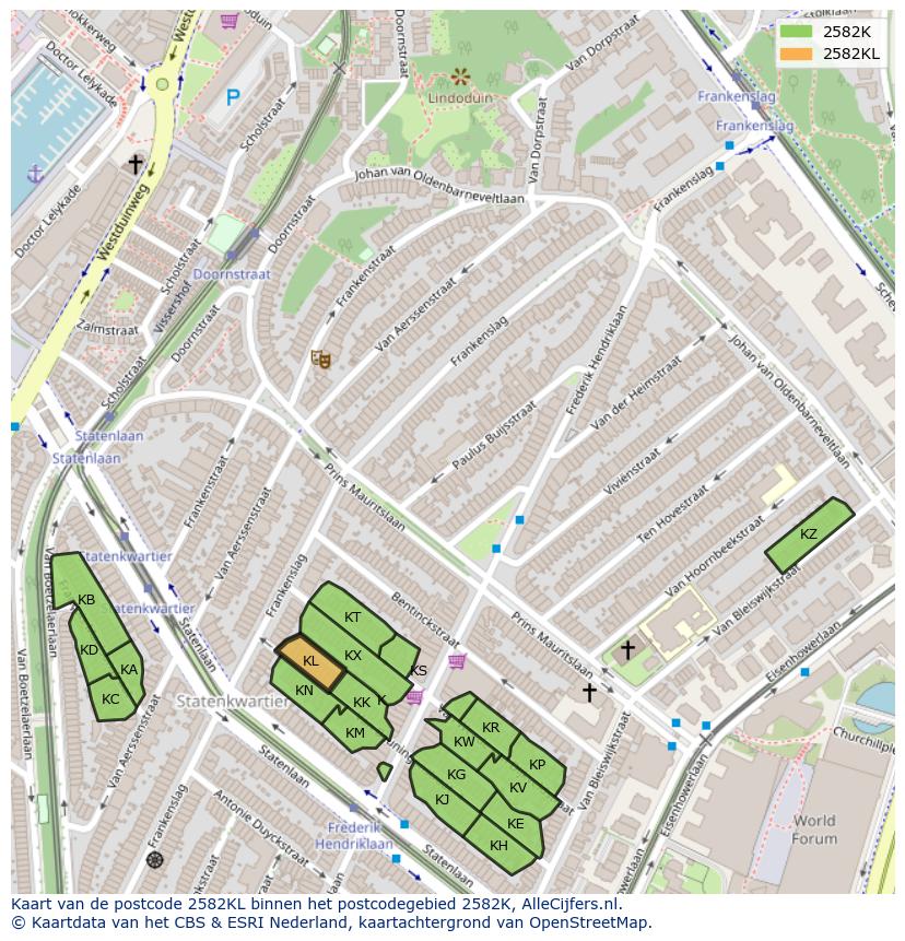 Afbeelding van het postcodegebied 2582 KL op de kaart.