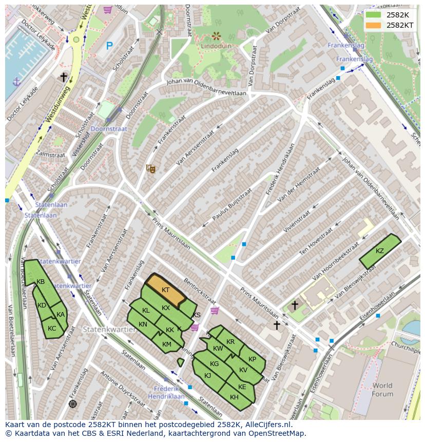 Afbeelding van het postcodegebied 2582 KT op de kaart.