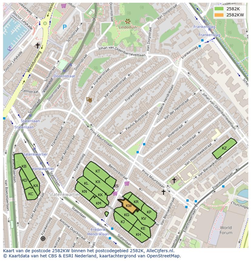 Afbeelding van het postcodegebied 2582 KW op de kaart.