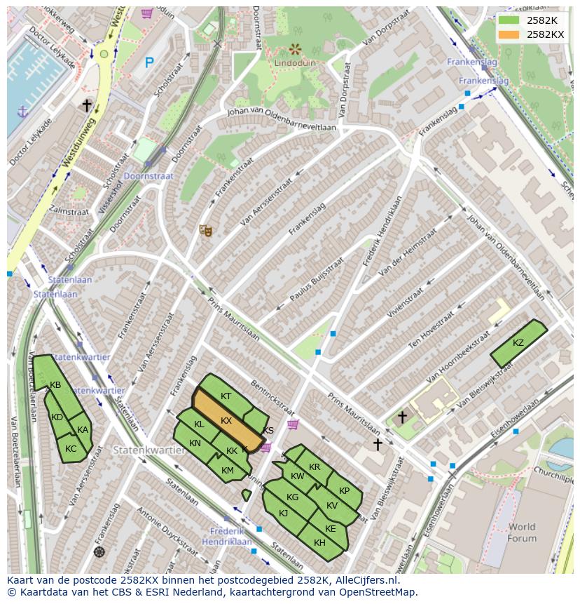 Afbeelding van het postcodegebied 2582 KX op de kaart.