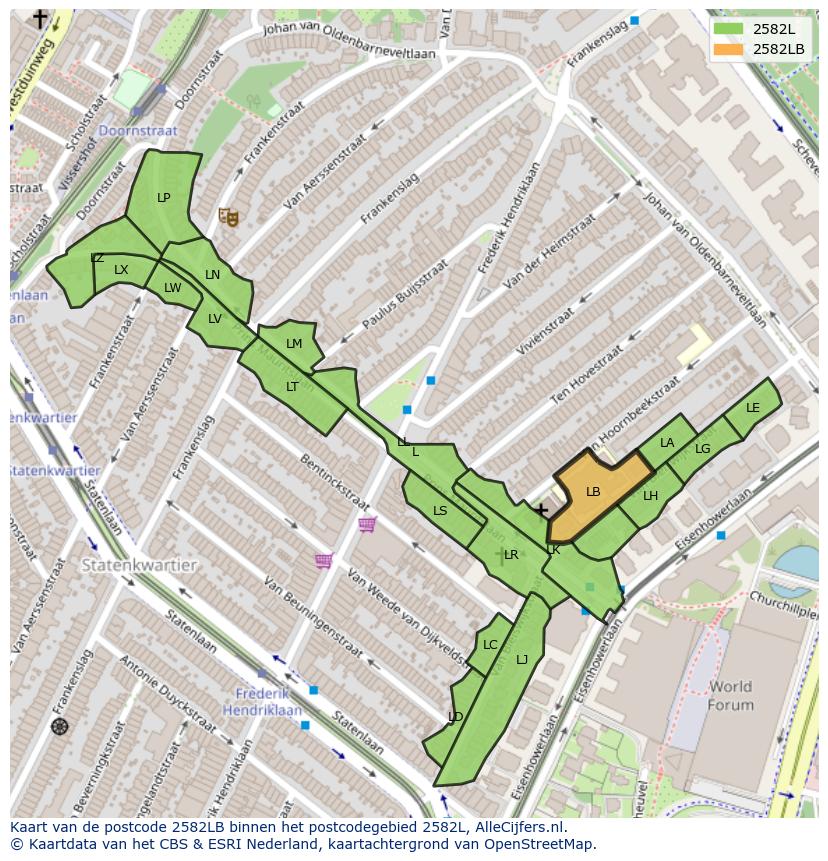 Afbeelding van het postcodegebied 2582 LB op de kaart.