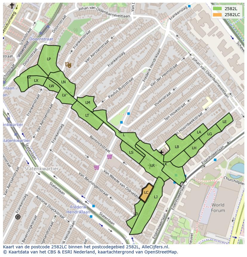 Afbeelding van het postcodegebied 2582 LC op de kaart.