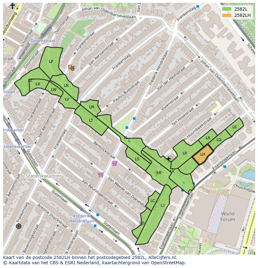 Afbeelding van het postcodegebied 2582 LH op de kaart.