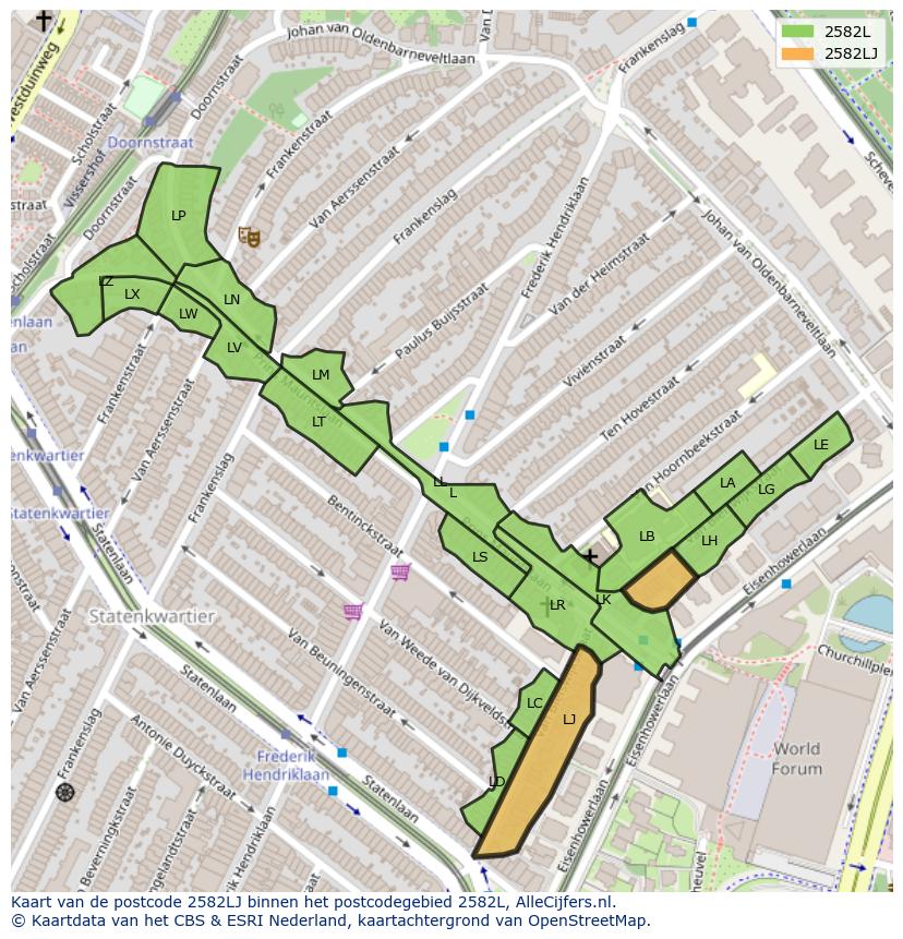 Afbeelding van het postcodegebied 2582 LJ op de kaart.