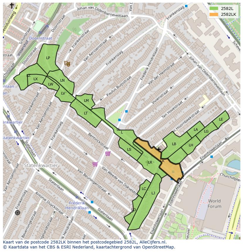Afbeelding van het postcodegebied 2582 LK op de kaart.