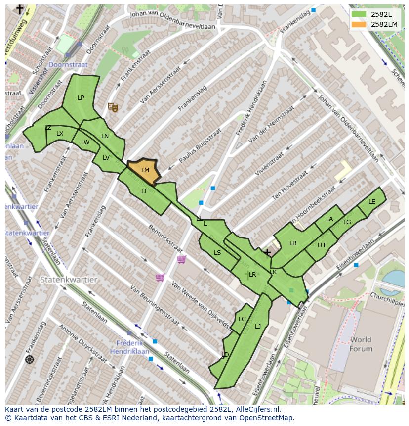 Afbeelding van het postcodegebied 2582 LM op de kaart.
