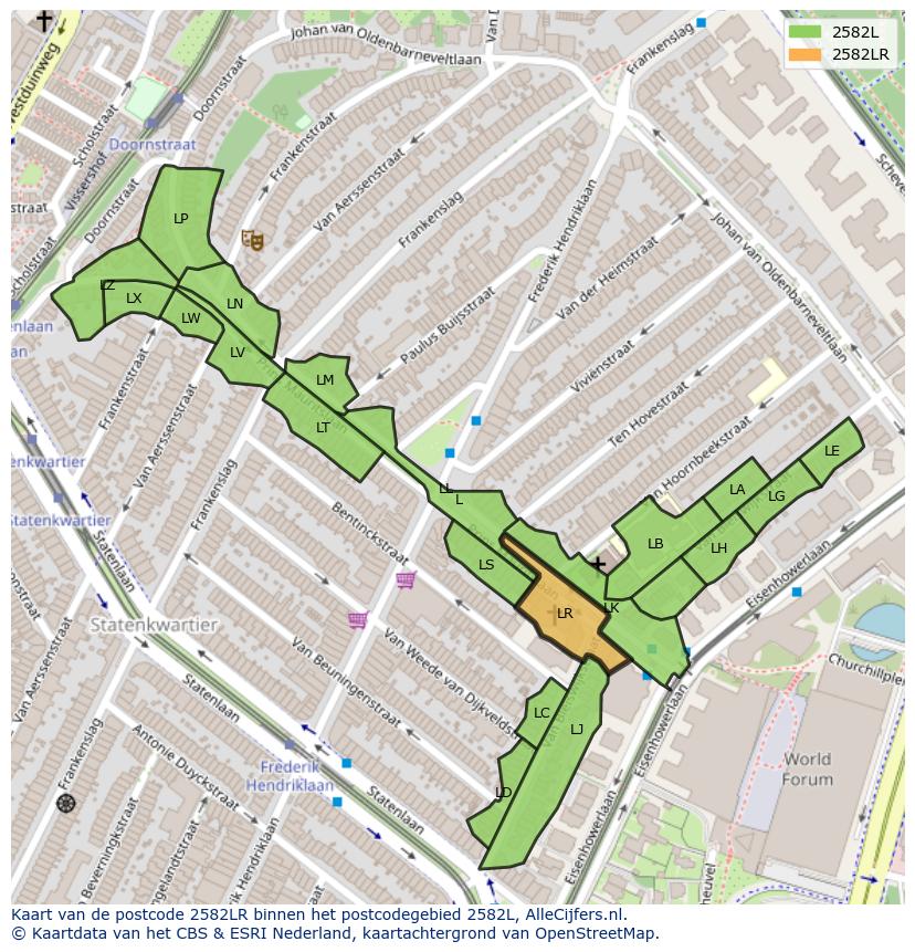 Afbeelding van het postcodegebied 2582 LR op de kaart.