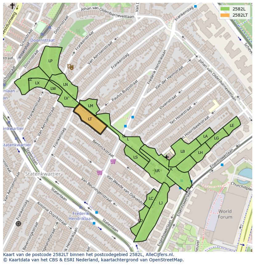 Afbeelding van het postcodegebied 2582 LT op de kaart.