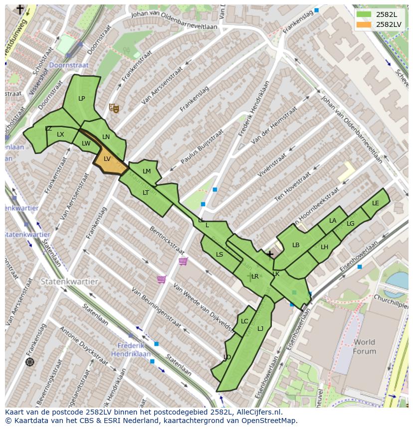 Afbeelding van het postcodegebied 2582 LV op de kaart.