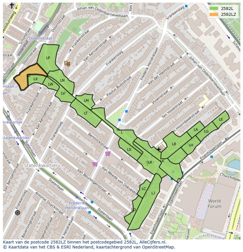 Afbeelding van het postcodegebied 2582 LZ op de kaart.