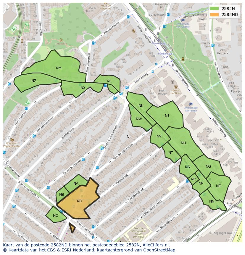 Afbeelding van het postcodegebied 2582 ND op de kaart.