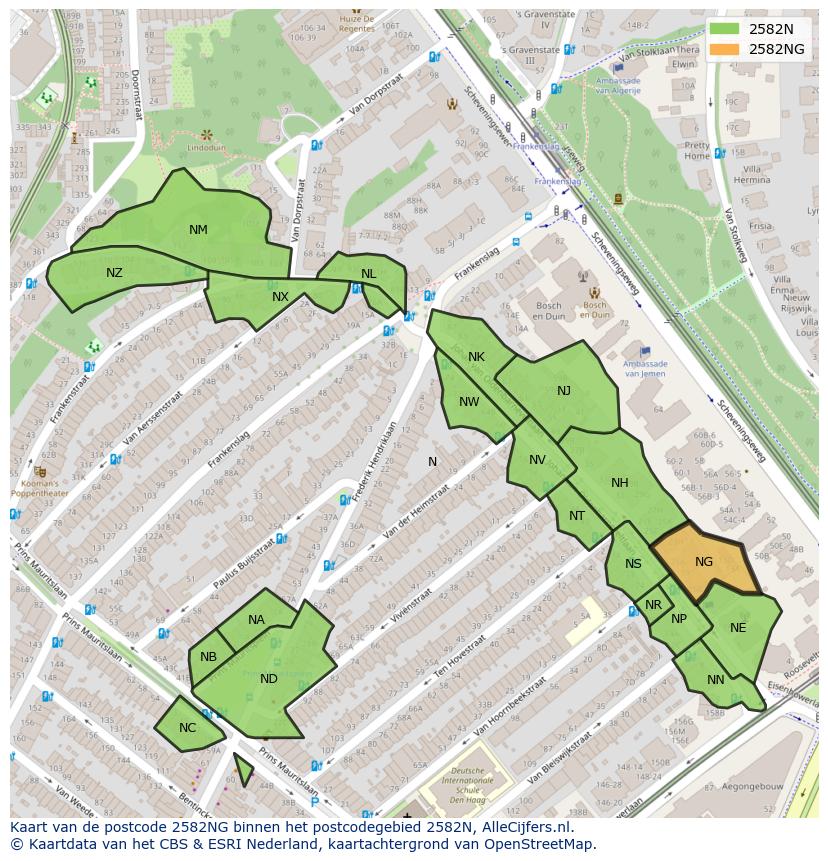 Afbeelding van het postcodegebied 2582 NG op de kaart.