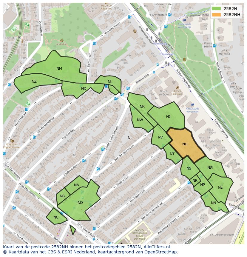 Afbeelding van het postcodegebied 2582 NH op de kaart.