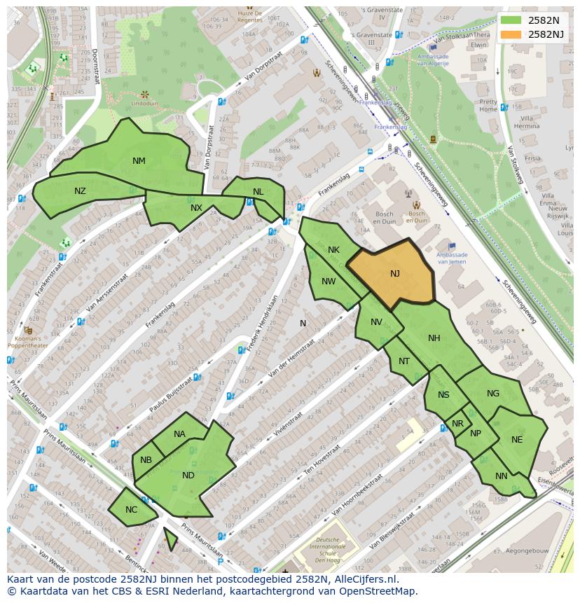 Afbeelding van het postcodegebied 2582 NJ op de kaart.