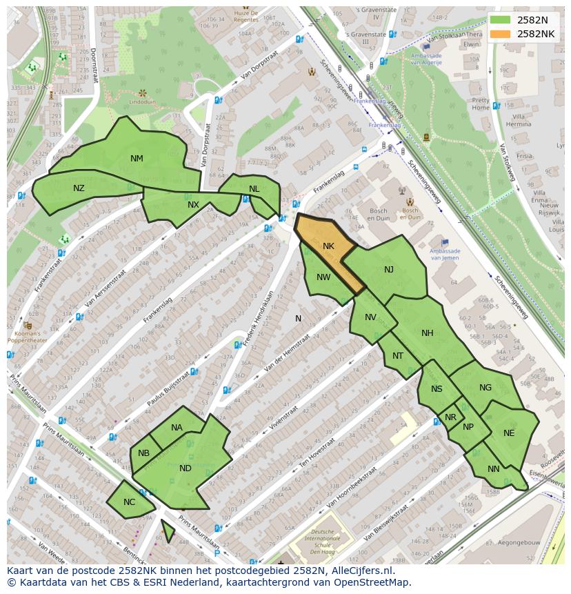 Afbeelding van het postcodegebied 2582 NK op de kaart.