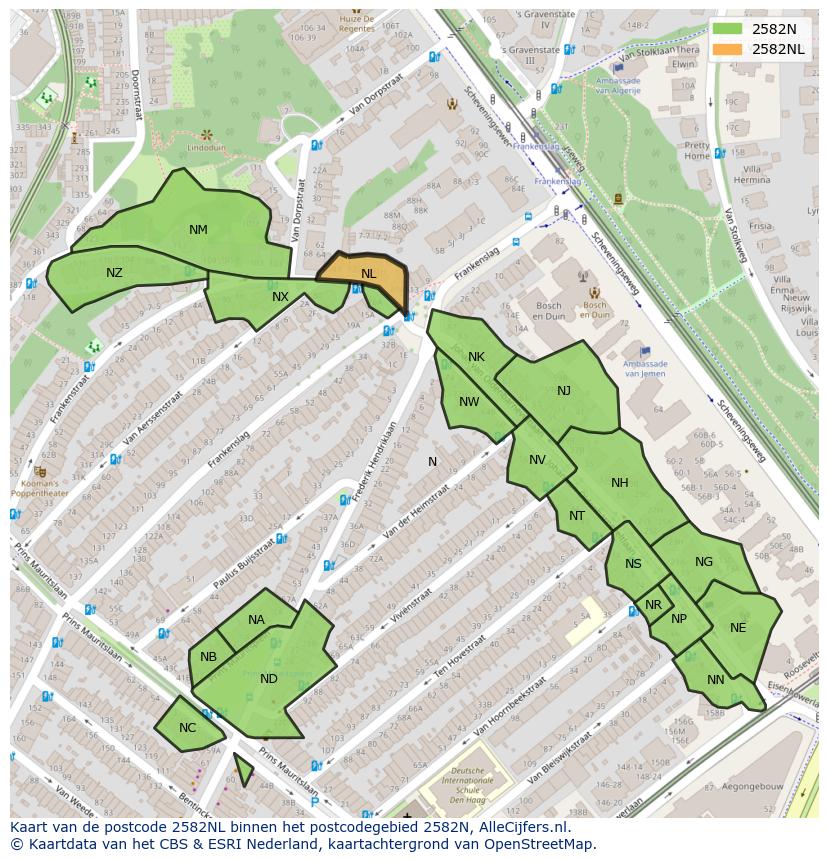 Afbeelding van het postcodegebied 2582 NL op de kaart.