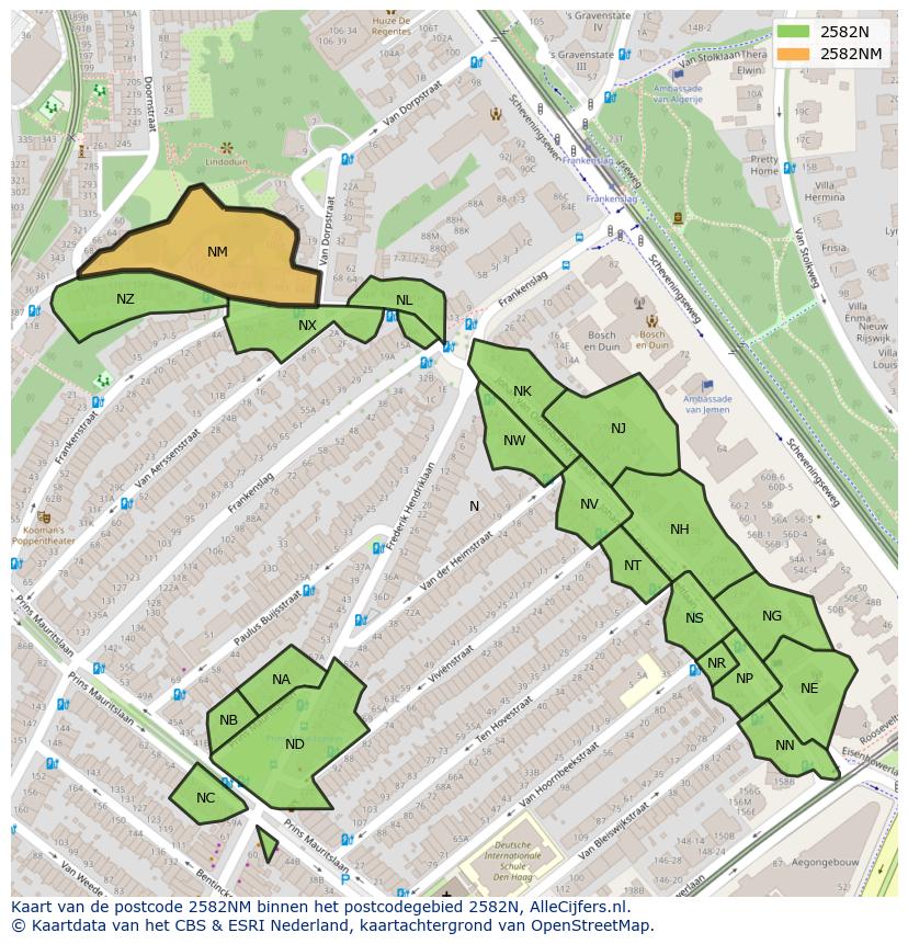 Afbeelding van het postcodegebied 2582 NM op de kaart.