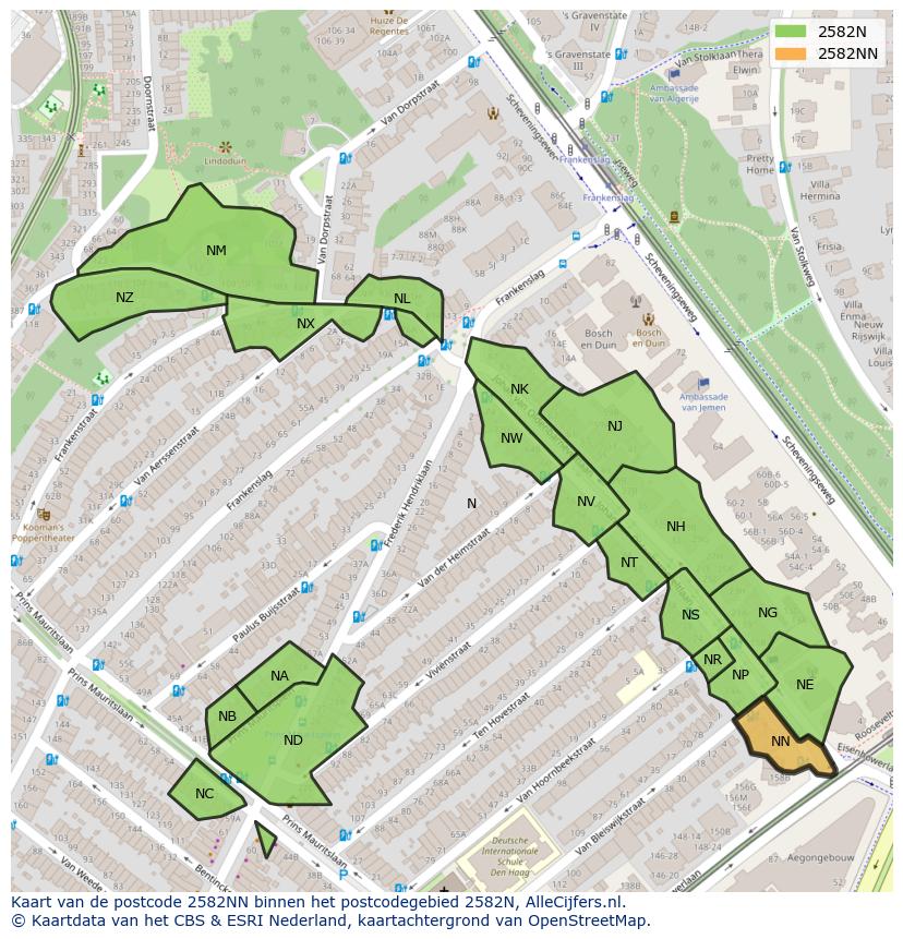 Afbeelding van het postcodegebied 2582 NN op de kaart.