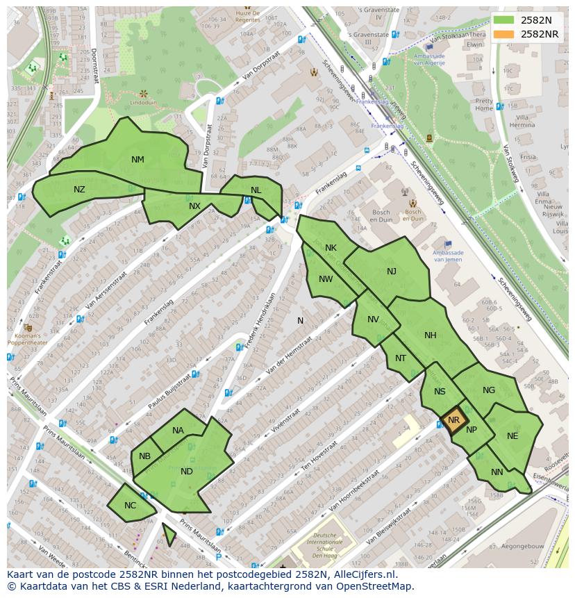 Afbeelding van het postcodegebied 2582 NR op de kaart.