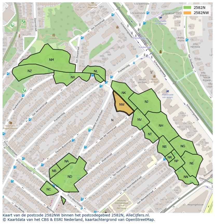 Afbeelding van het postcodegebied 2582 NW op de kaart.