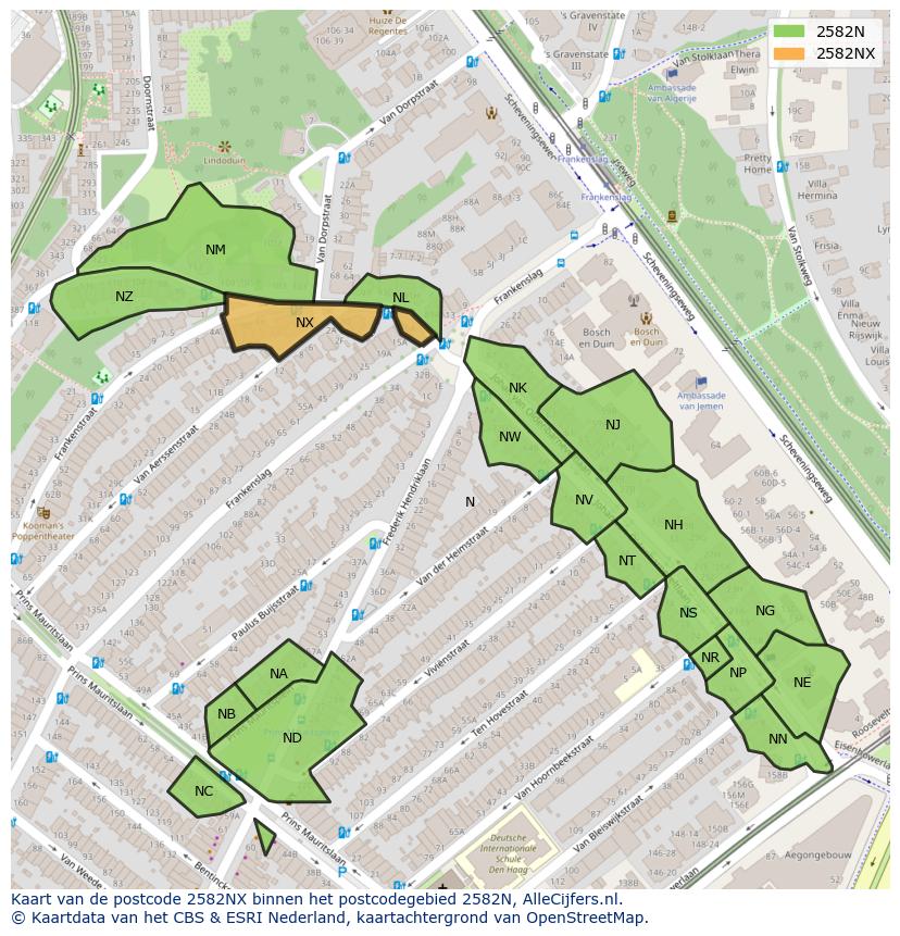 Afbeelding van het postcodegebied 2582 NX op de kaart.