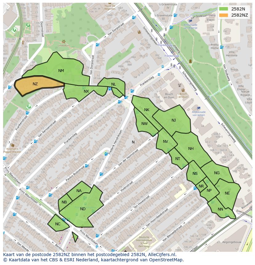 Afbeelding van het postcodegebied 2582 NZ op de kaart.