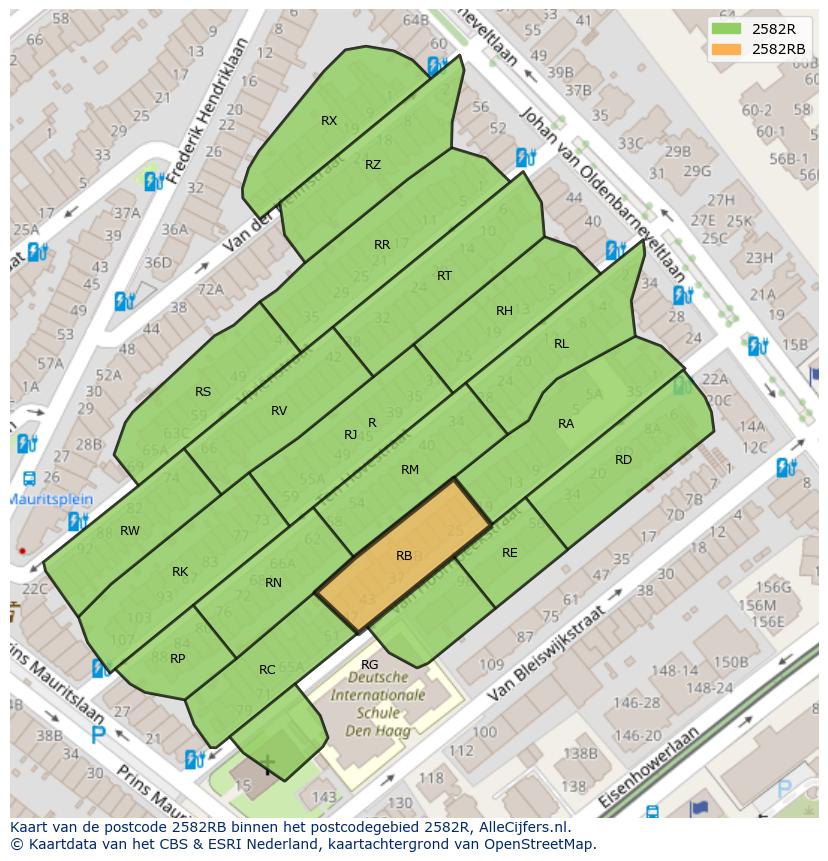 Afbeelding van het postcodegebied 2582 RB op de kaart.
