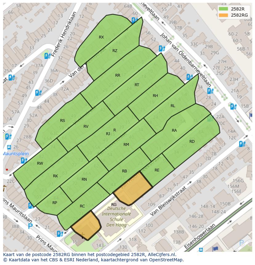 Afbeelding van het postcodegebied 2582 RG op de kaart.
