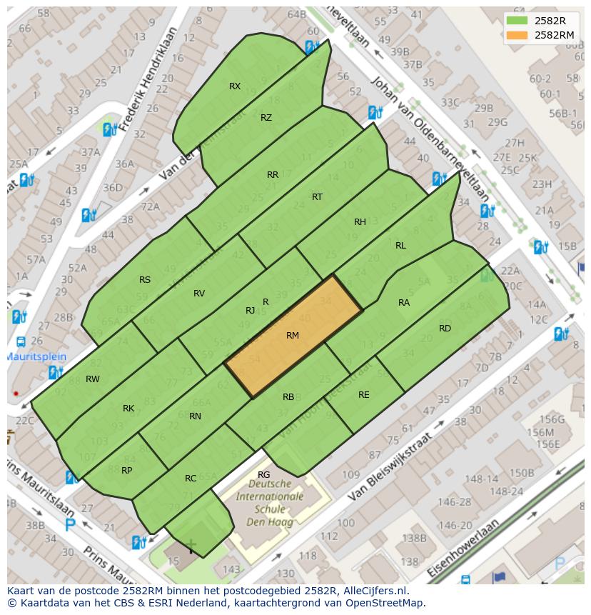 Afbeelding van het postcodegebied 2582 RM op de kaart.
