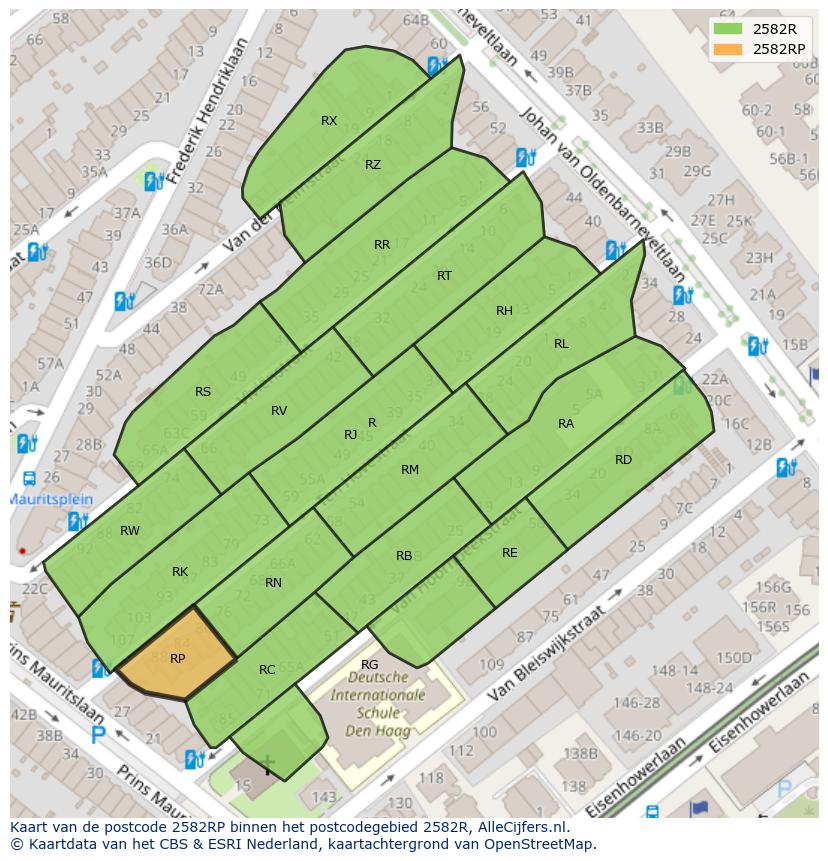 Afbeelding van het postcodegebied 2582 RP op de kaart.