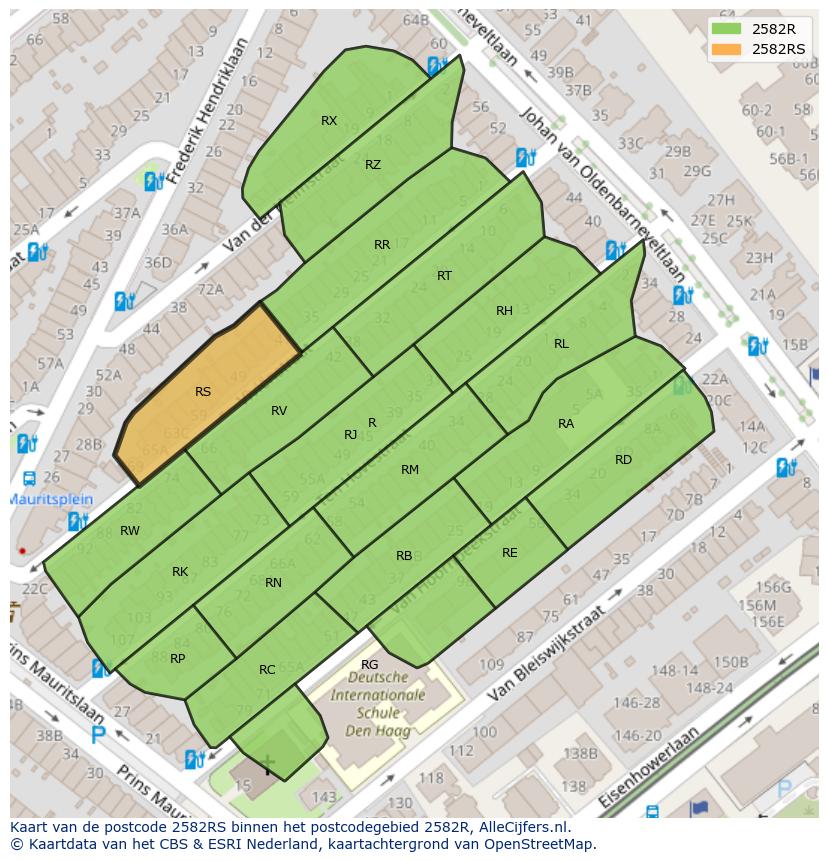Afbeelding van het postcodegebied 2582 RS op de kaart.