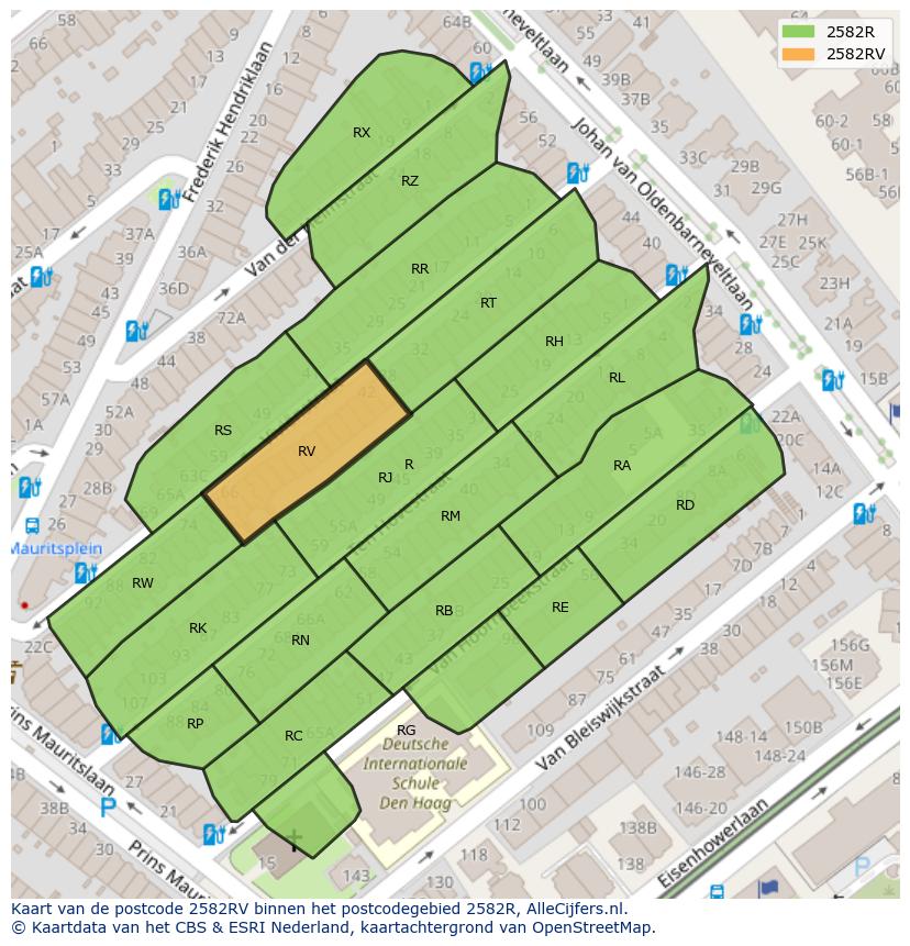 Afbeelding van het postcodegebied 2582 RV op de kaart.