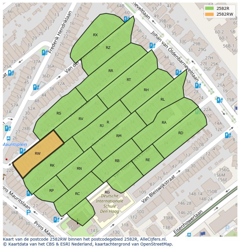 Afbeelding van het postcodegebied 2582 RW op de kaart.