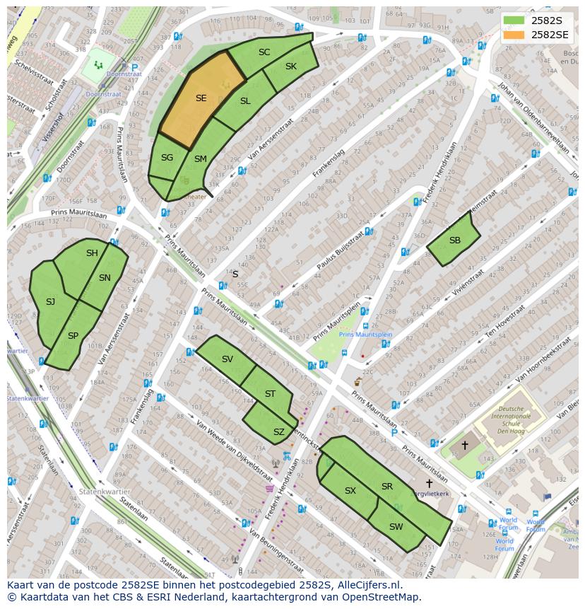 Afbeelding van het postcodegebied 2582 SE op de kaart.