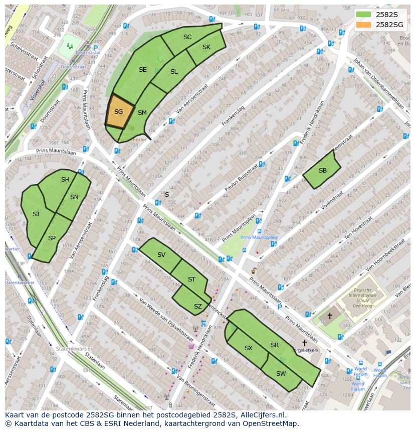 Afbeelding van het postcodegebied 2582 SG op de kaart.