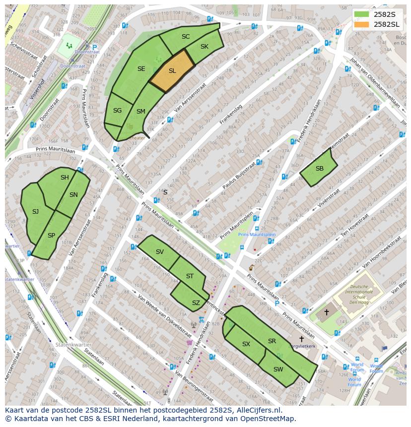 Afbeelding van het postcodegebied 2582 SL op de kaart.