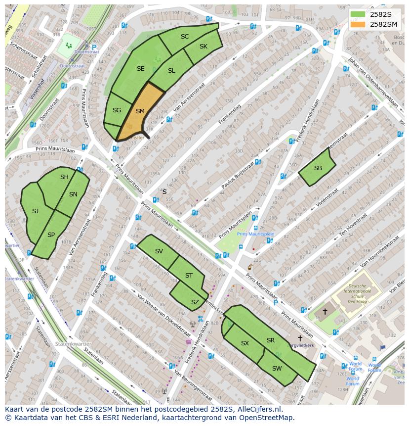 Afbeelding van het postcodegebied 2582 SM op de kaart.
