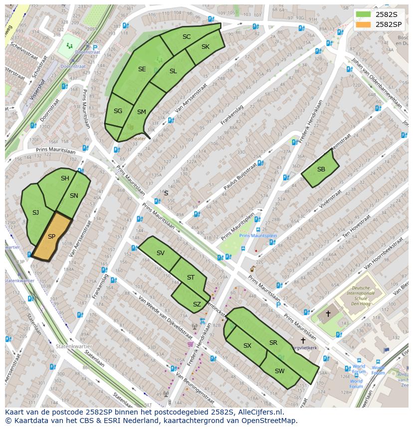 Afbeelding van het postcodegebied 2582 SP op de kaart.
