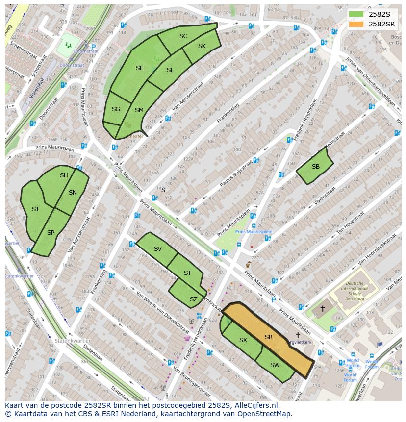 Afbeelding van het postcodegebied 2582 SR op de kaart.